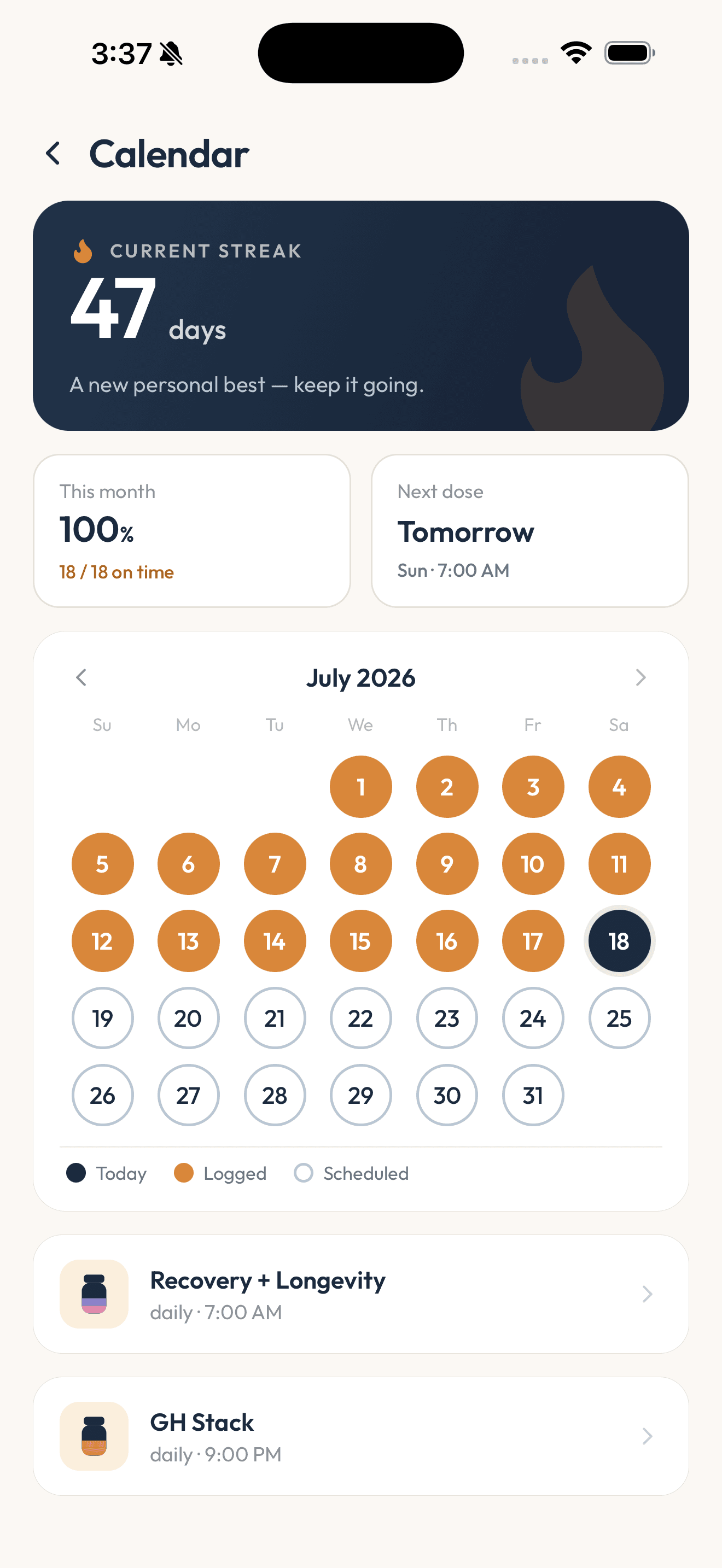 PepHub app calendar view showing logged doses across the month