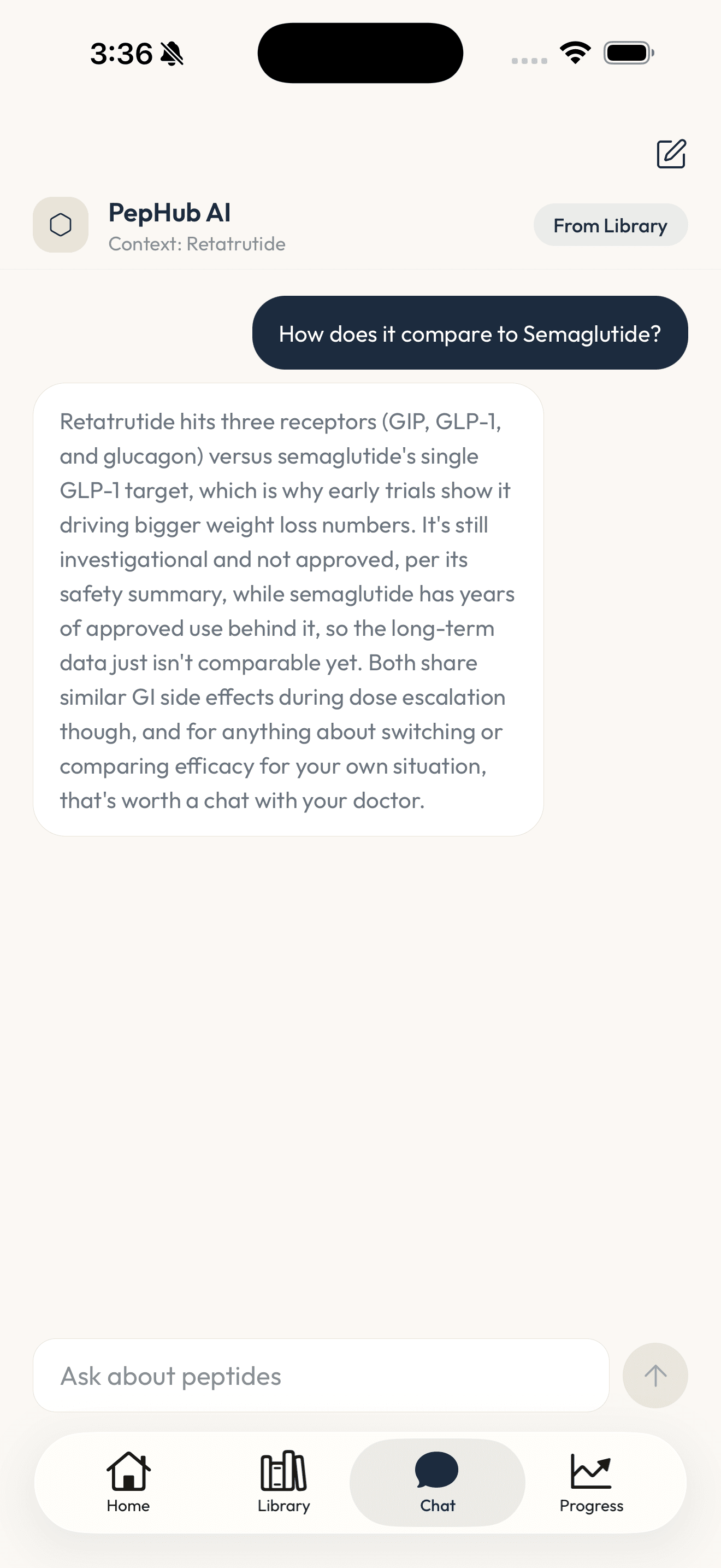 PepHub app AI chat screen answering a question about a peptide compound