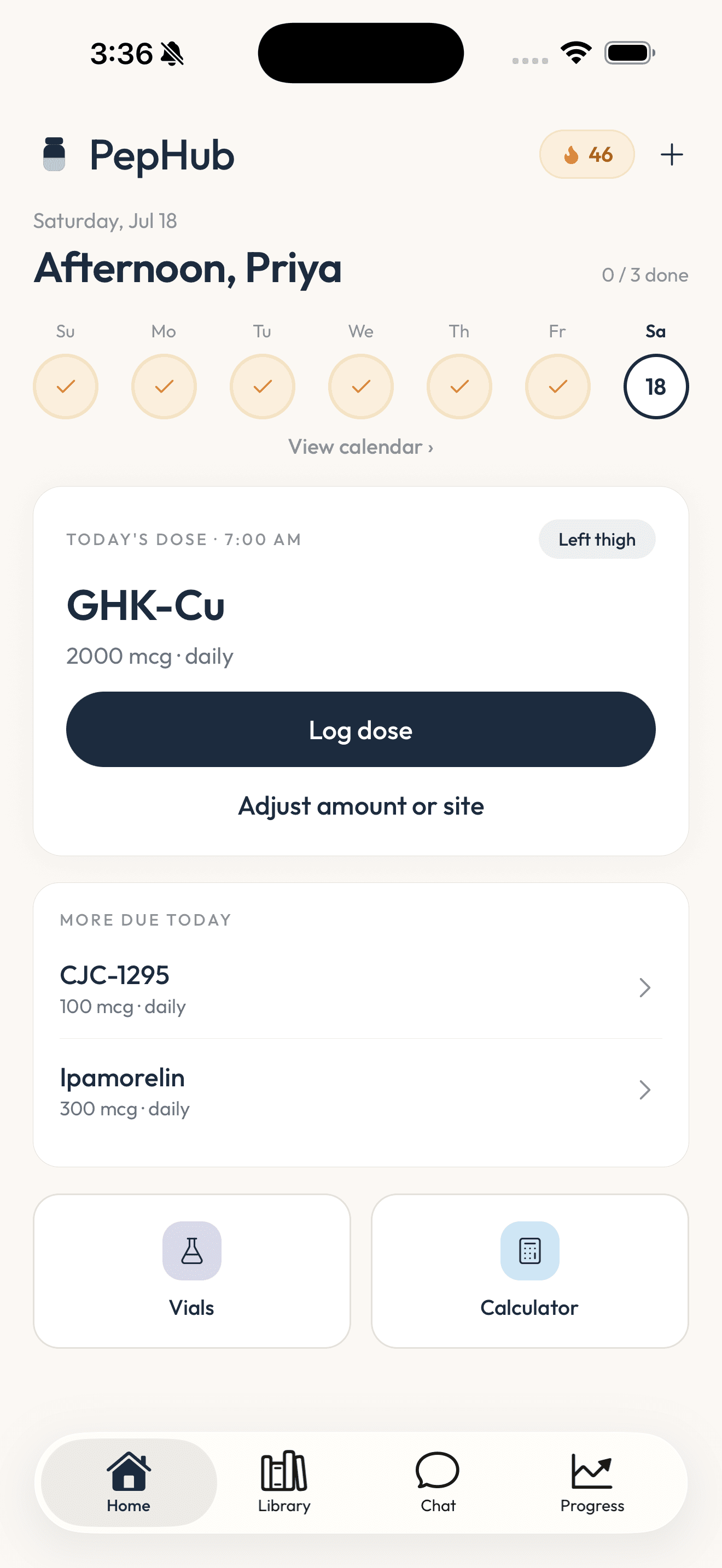 PepHub app home screen showing today's doses, active protocols, and quick actions