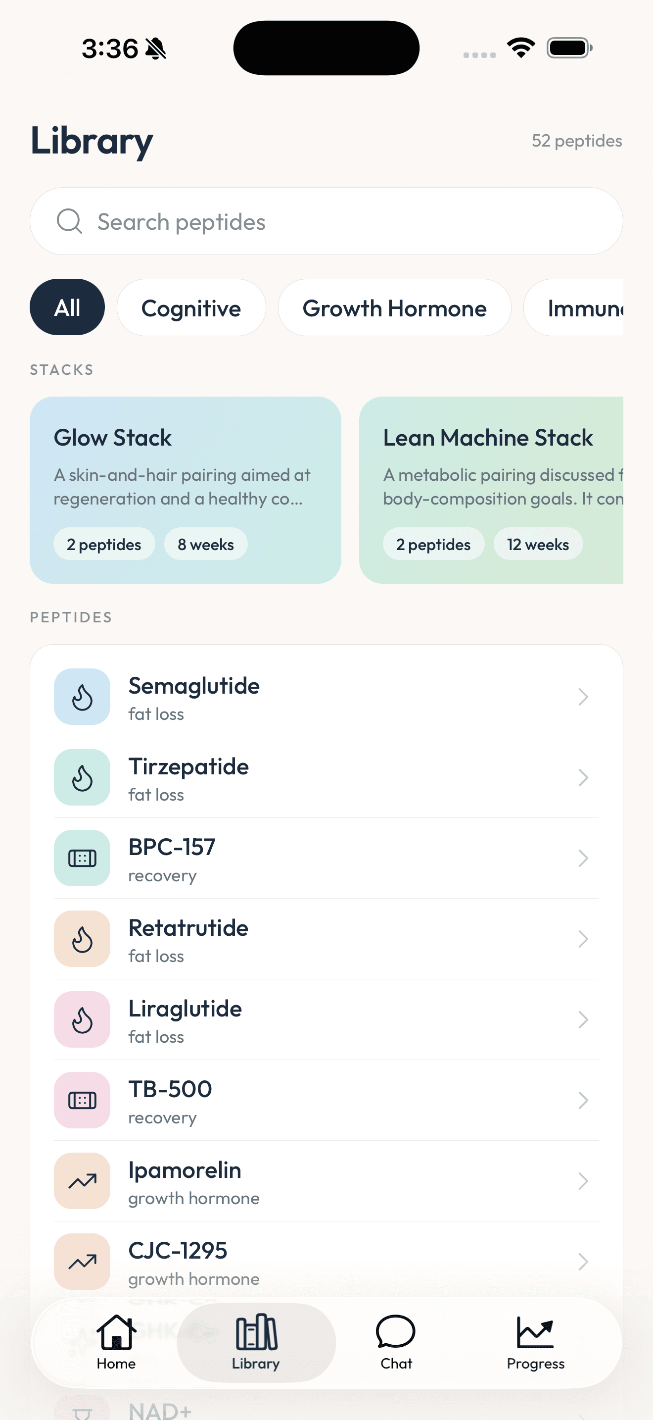 PepHub app library screen showing a searchable list of peptides organized by category