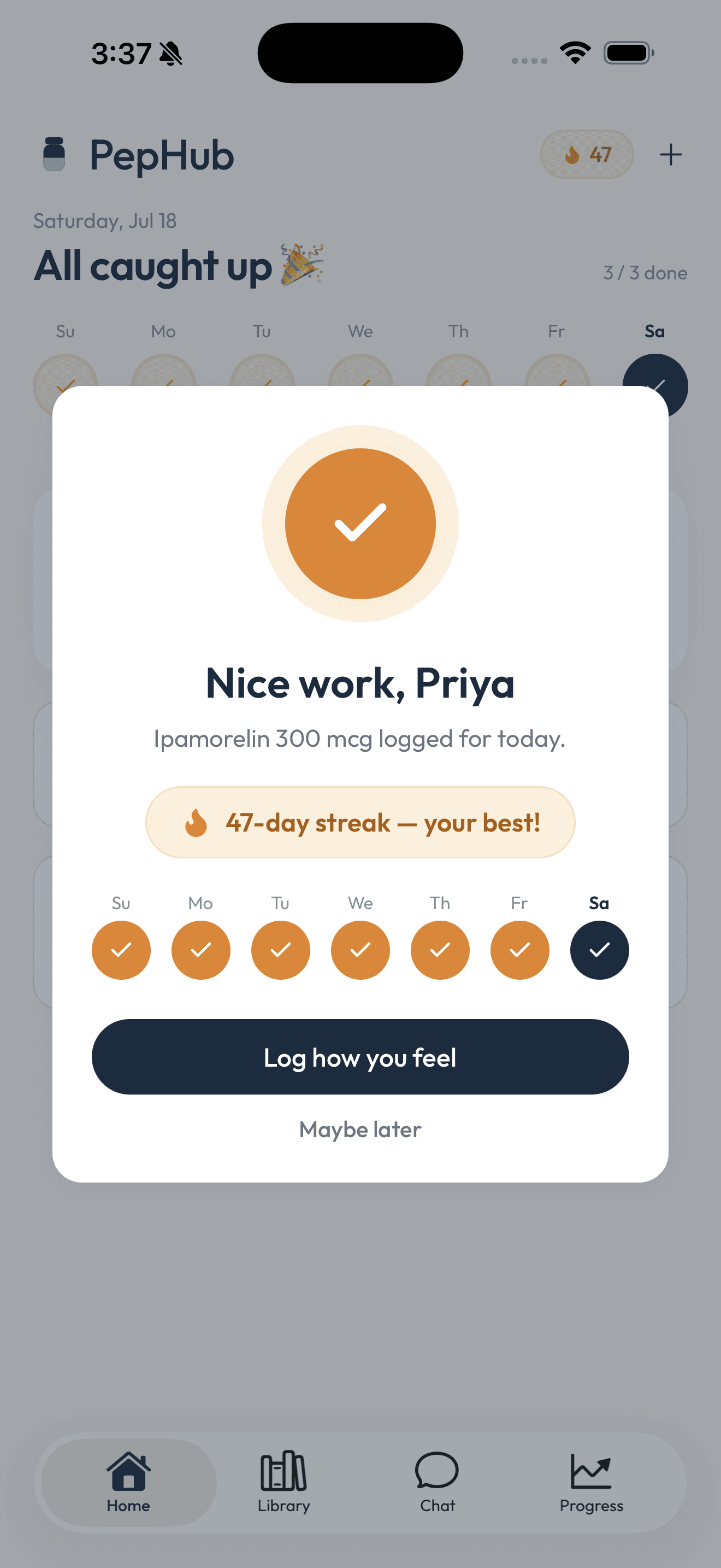 PepHub app progress screen with a dose streak counter and weekly activity summary