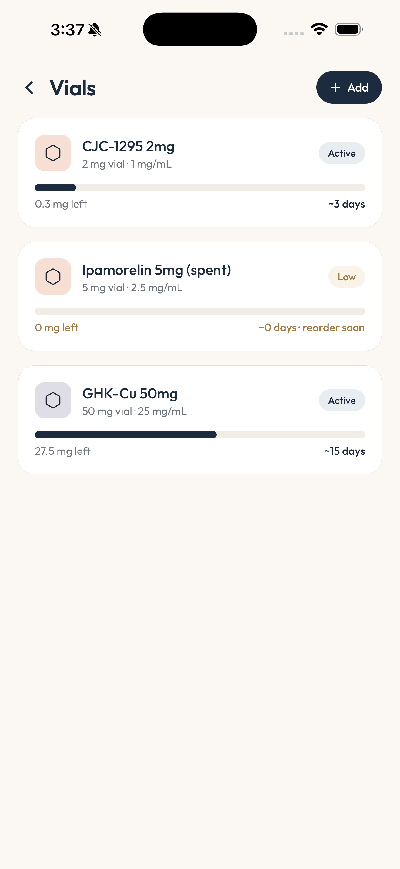 PepHub app vial tracking screen showing remaining volume and doses left per vial